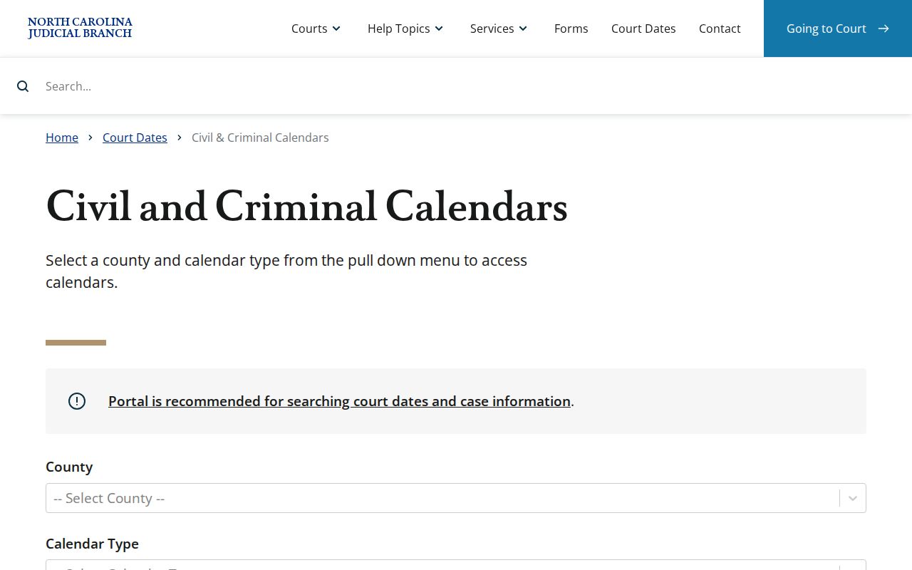 Ashe County court calendar access through the civil and criminal calendar service